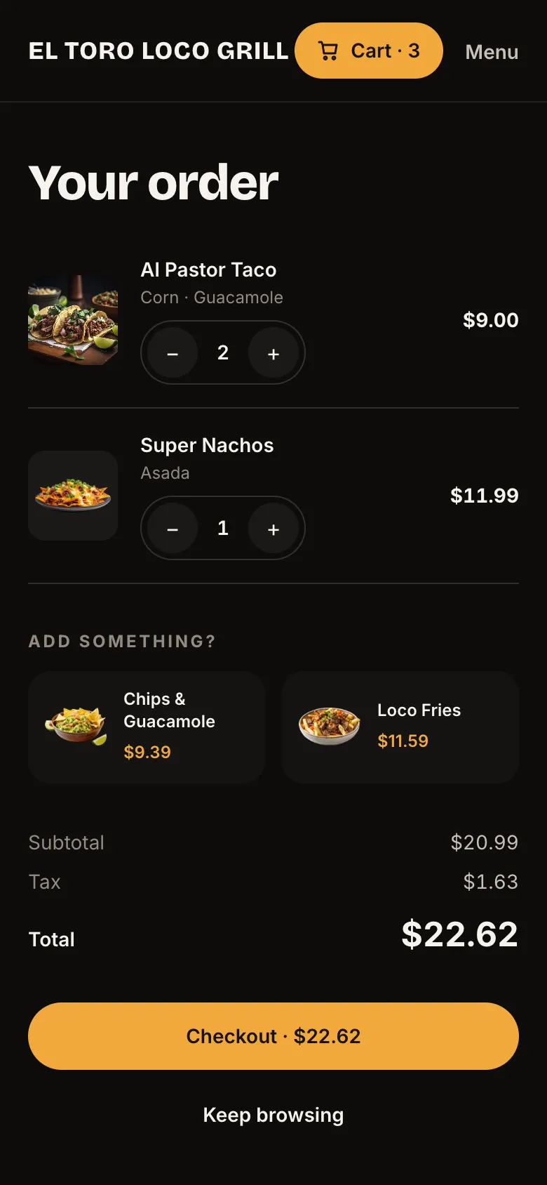 Mobile cart with two items, an upsell row and the total