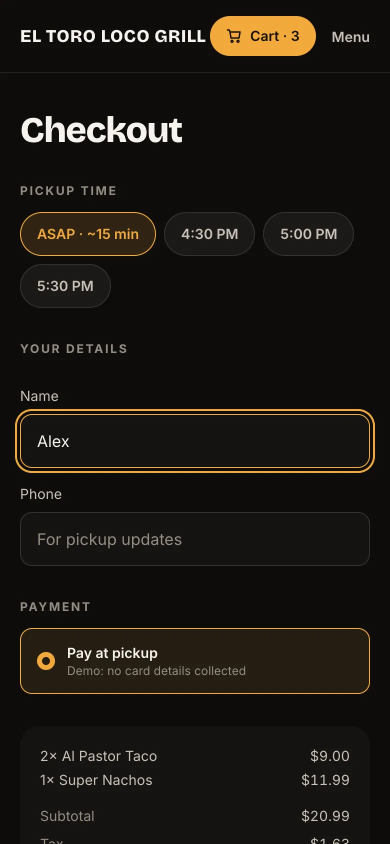 Mobile checkout with pickup time chips, name and phone fields, and pay at pickup