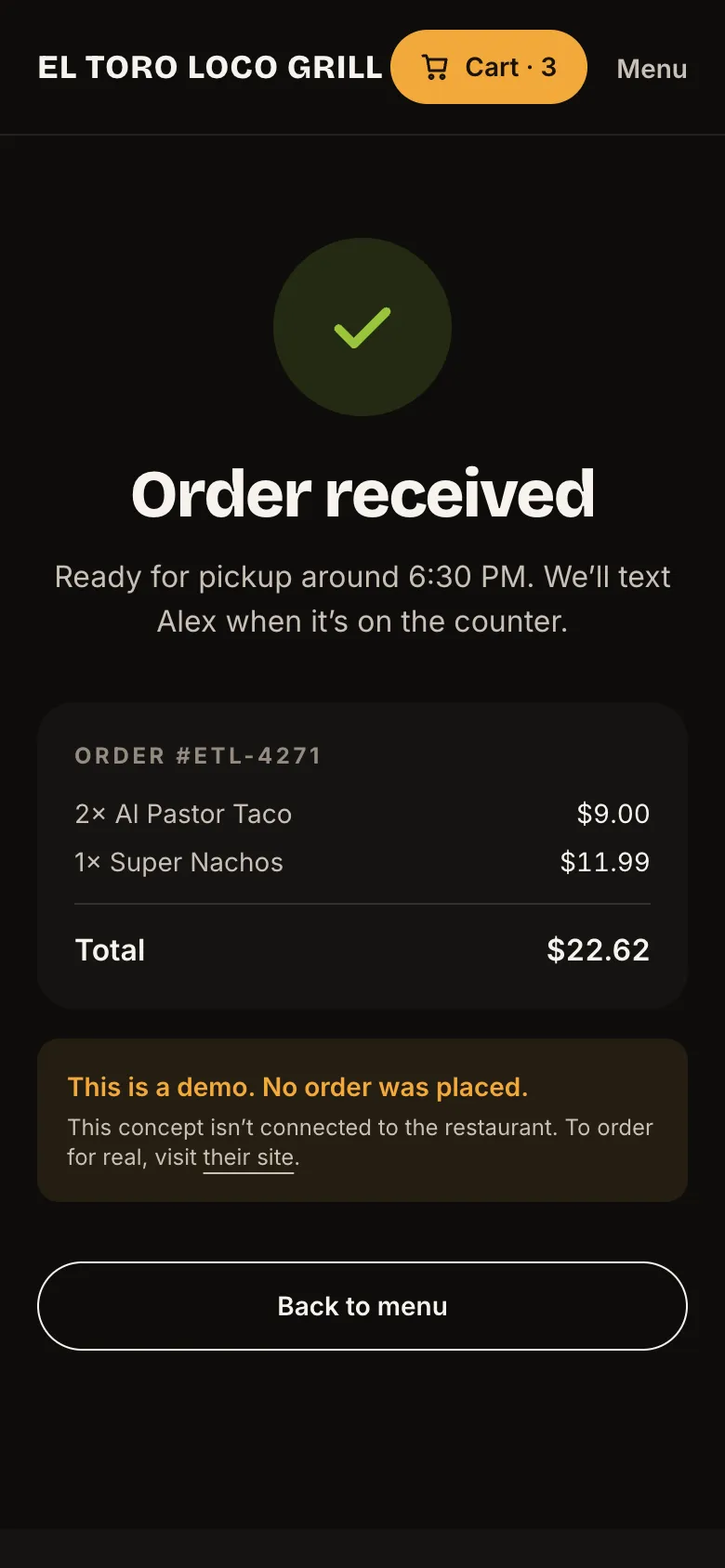 Order received screen with pickup time, order summary and a demo note