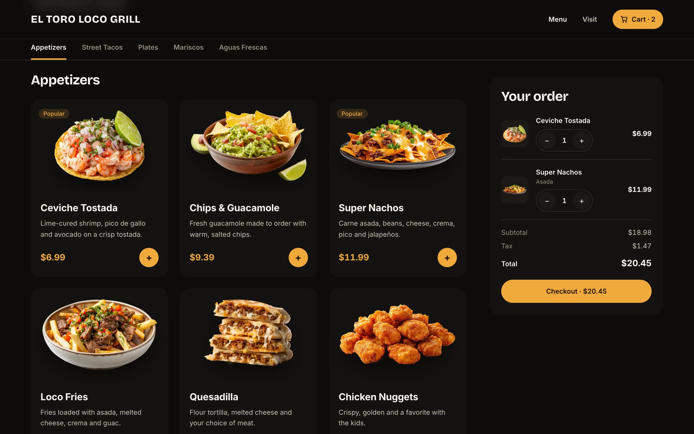 Concept menu on desktop: appetizer cards with cut-out food photos and a live order summary on the right
