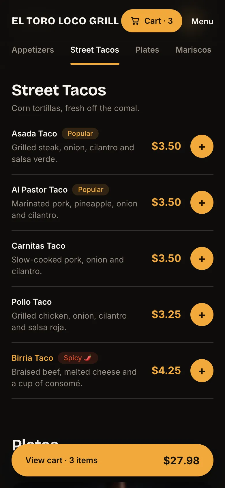 Mobile menu with street tacos, popular and spicy badges, and a sticky cart bar