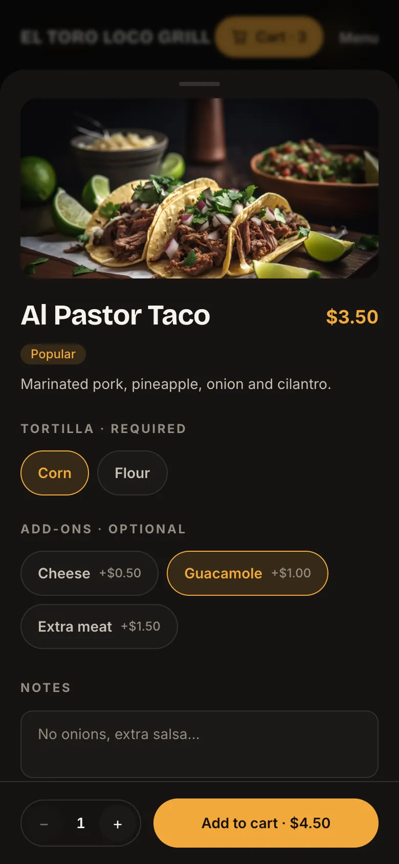 Mobile item sheet for the Al Pastor Taco with tortilla and add-on choices