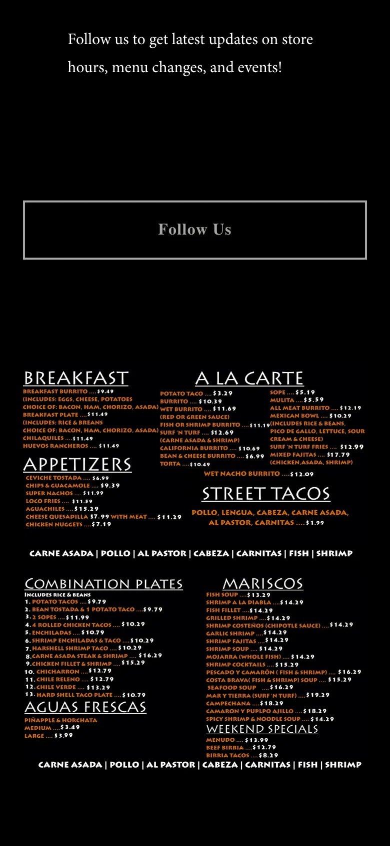 The current menu page: a photo of the printed menu board, too small to read on a phone