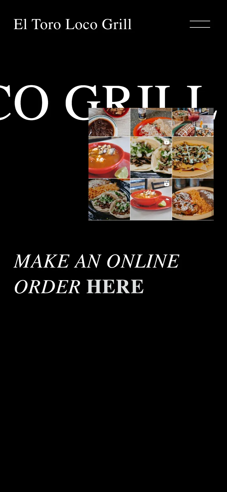 The restaurant’s current site on a phone: oversized scrolling title and a link to order elsewhere
