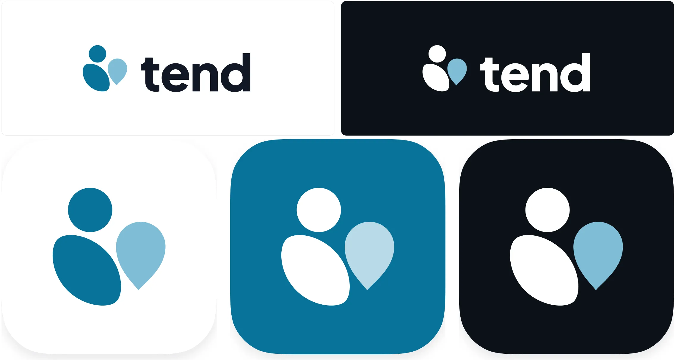 The tend logo on white and on black, and the app icon in white, petrol and dark versions
