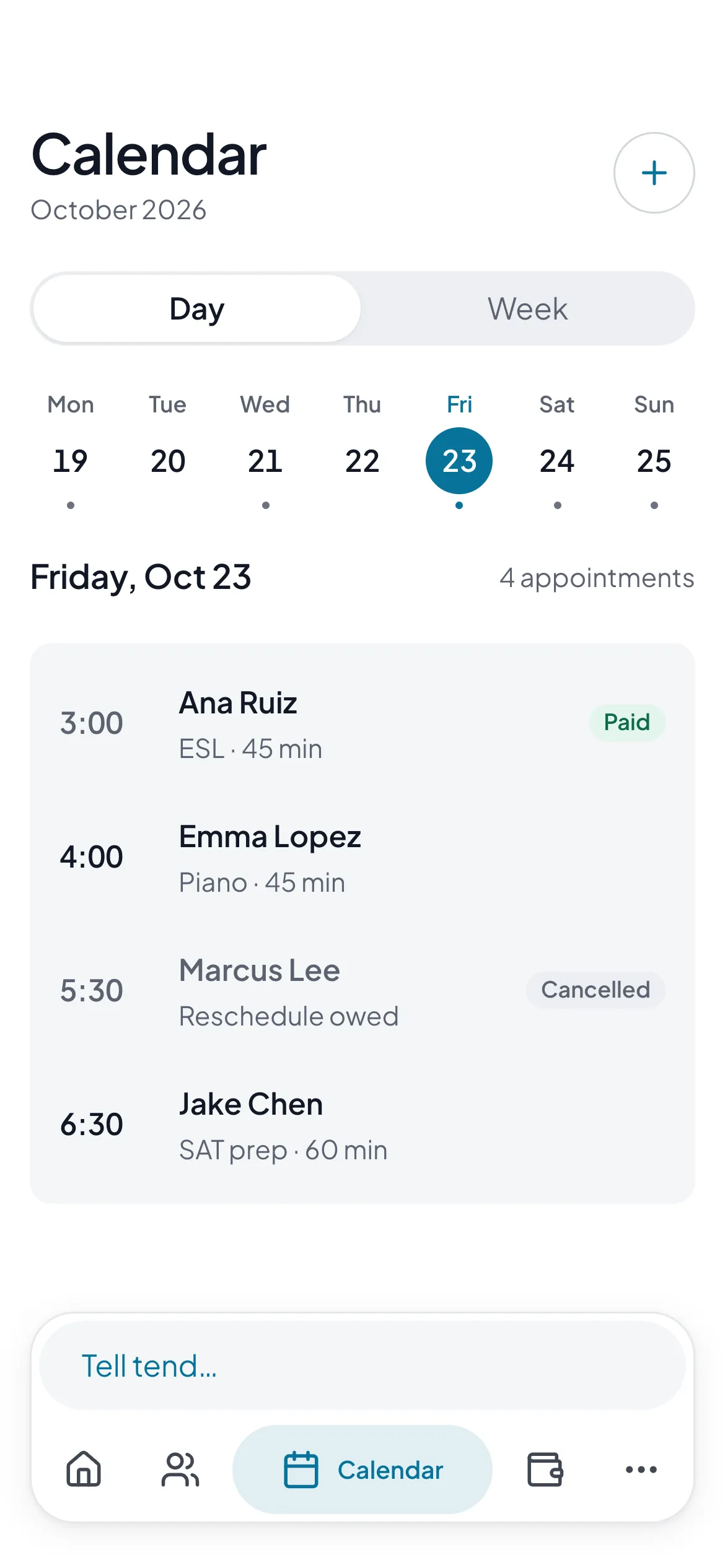 Calendar day view with a week strip and four appointments, one cancelled