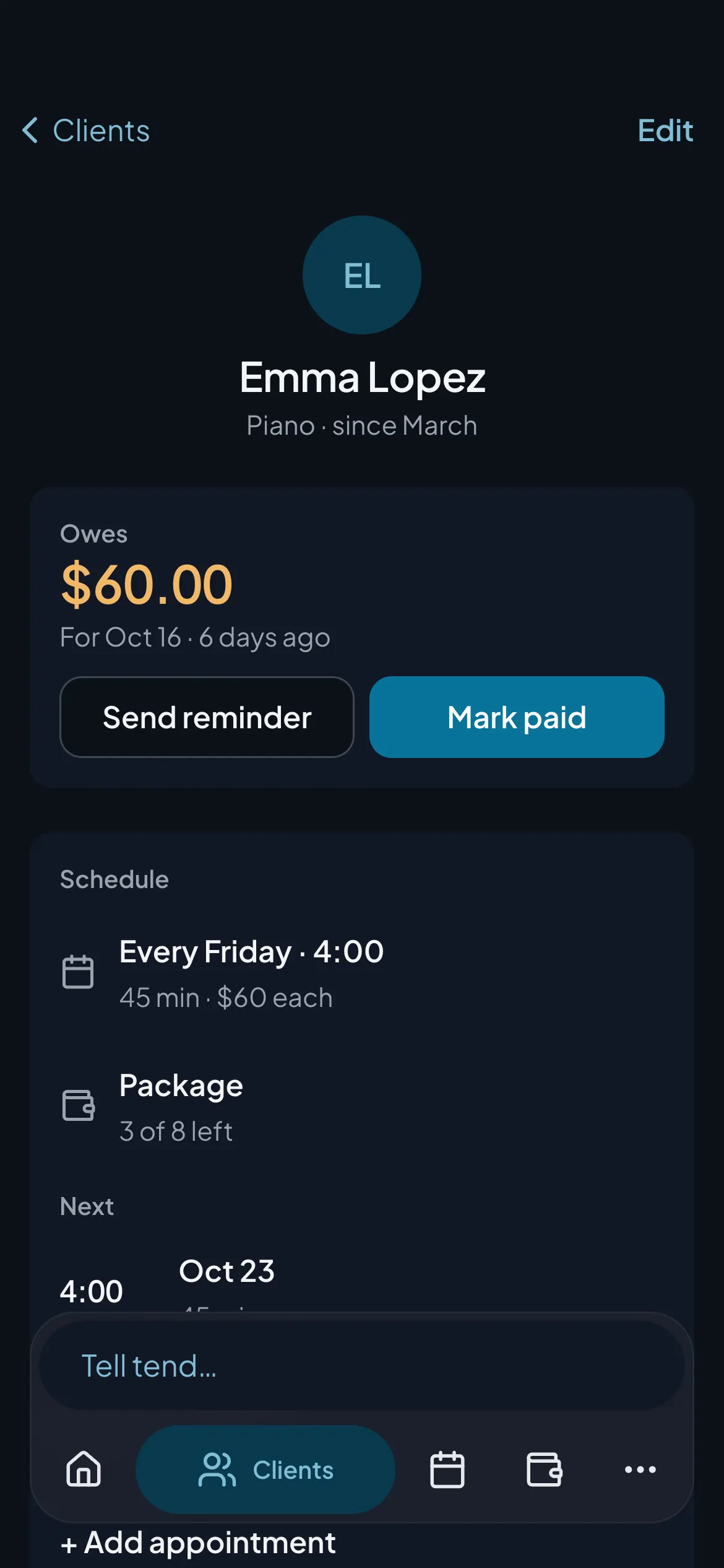 A client page in dark mode