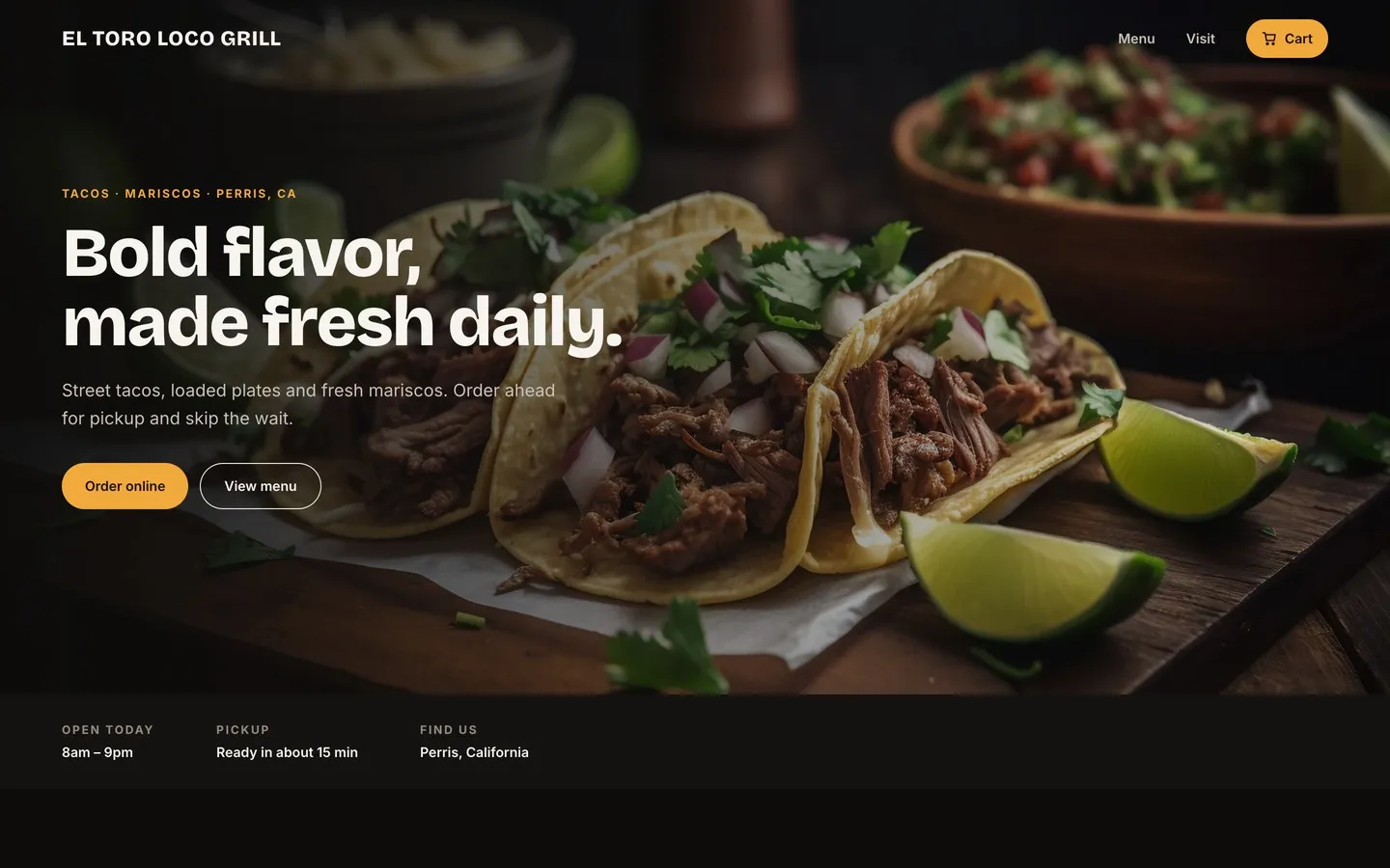 2026 redesign: “Bold flavor, made fresh daily.” with marigold Order online and View menu buttons