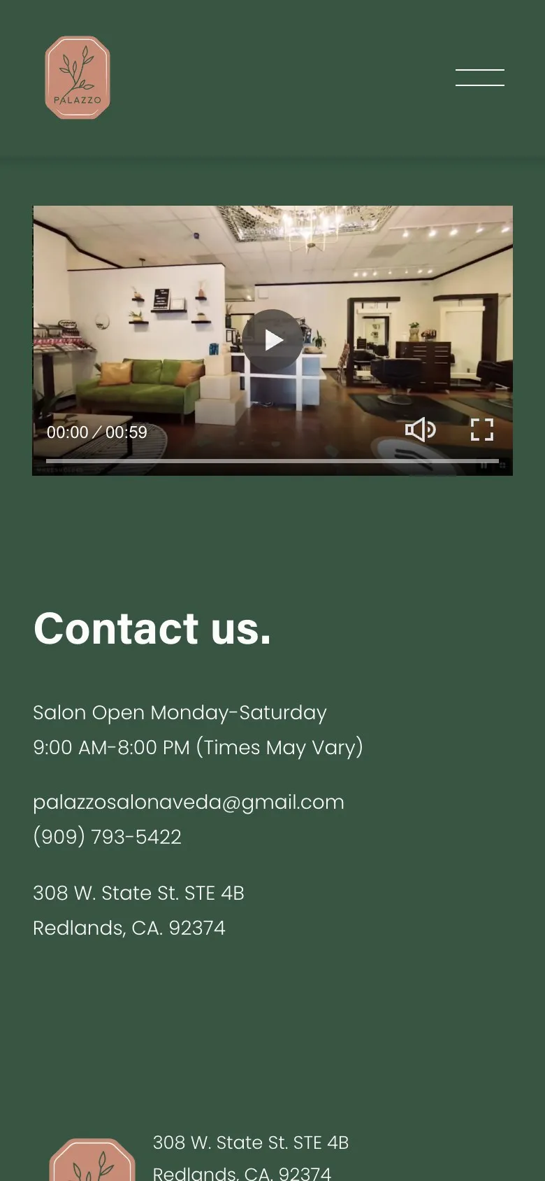 Contact page on a phone with a video tour of the salon, hours, email and phone