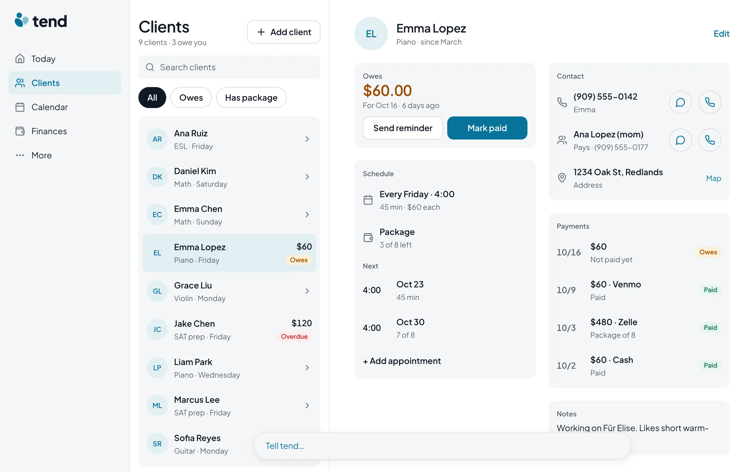 Desktop: sidebar, client list and Emma’s details side by side, chat bar at the bottom