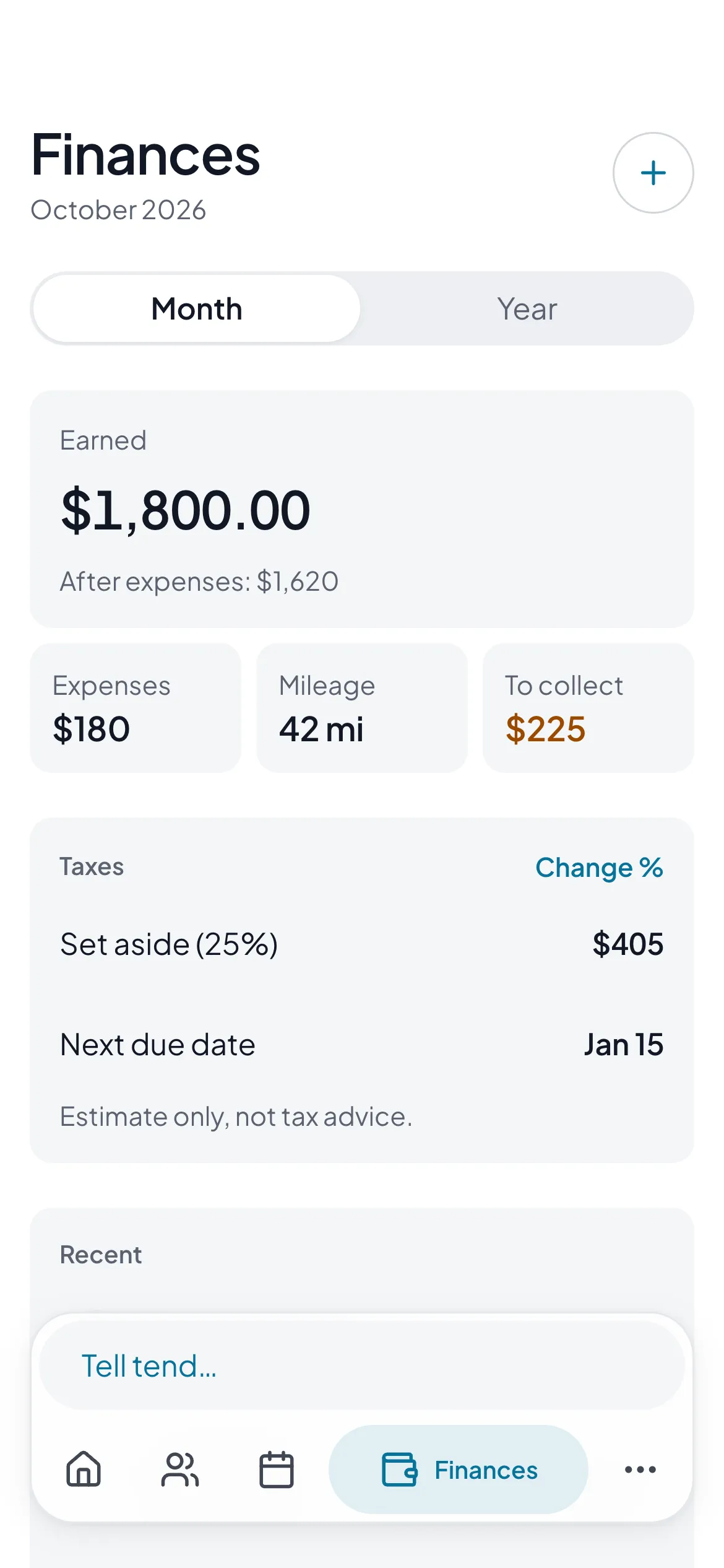 Finances: earned this month, expenses, mileage, to collect, and how much to set aside for taxes
