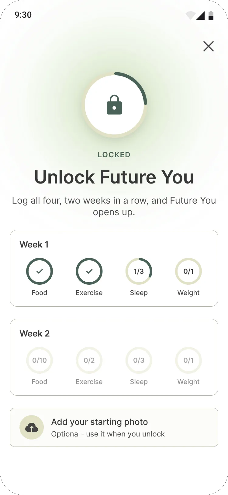 Locked Future You screen with habit rings for week 1 and week 2