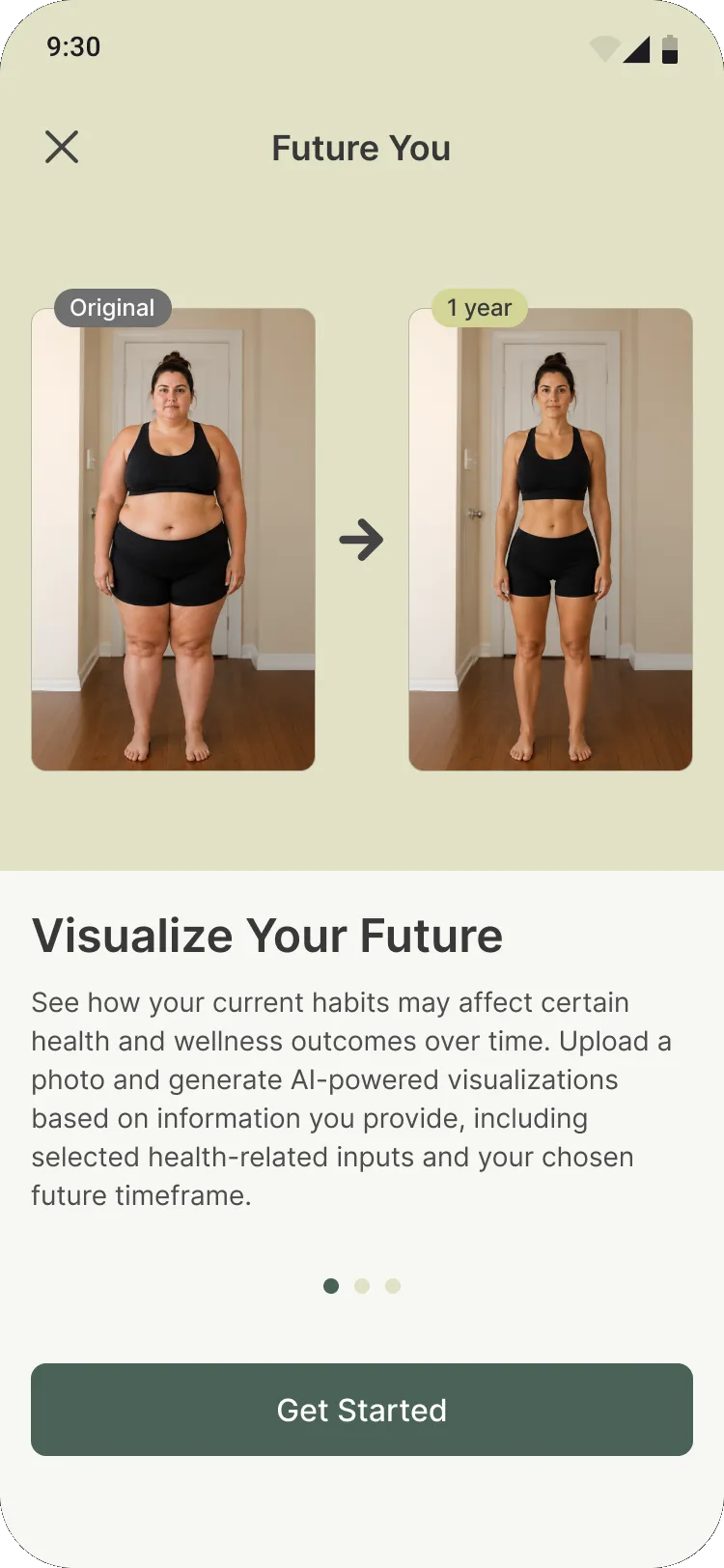 Future You onboarding comparing an original photo with a one year visualization