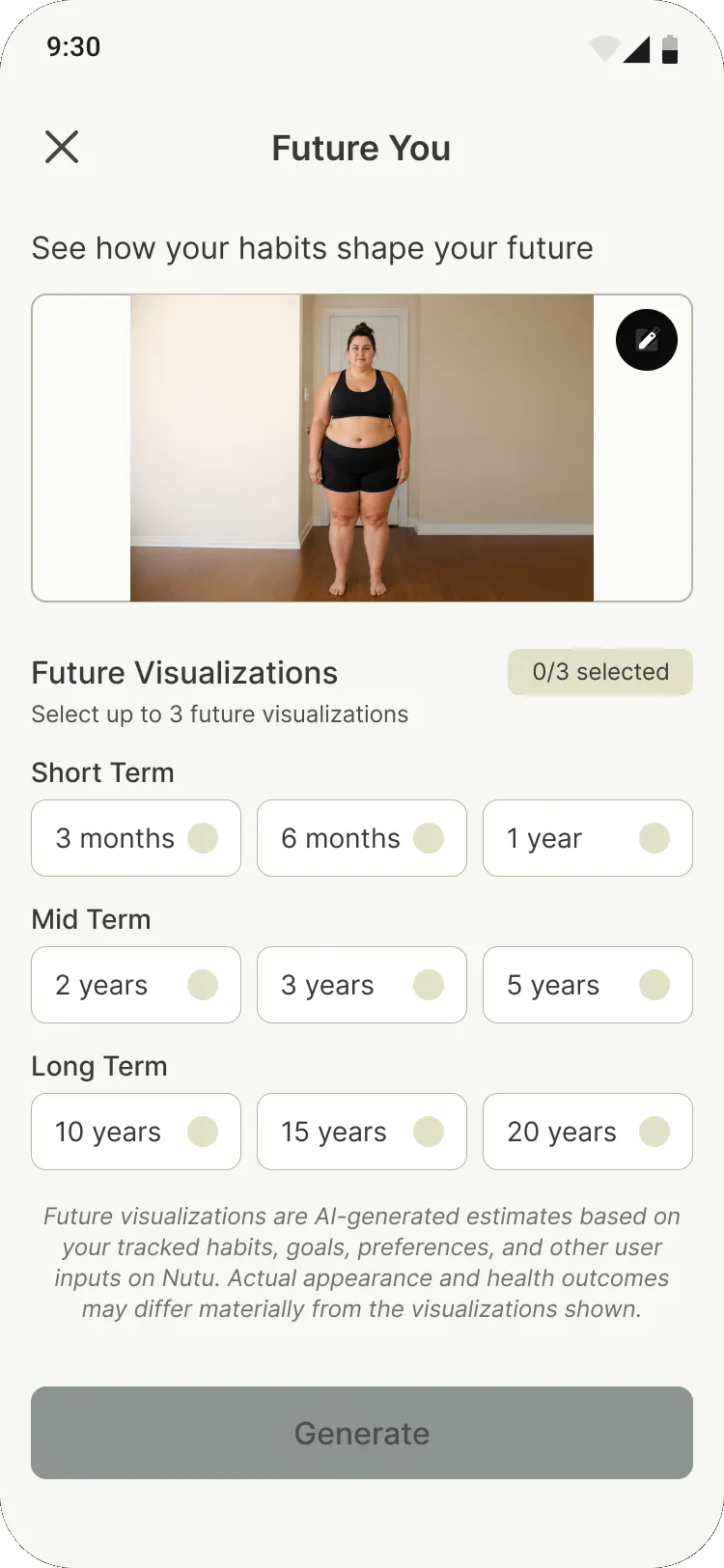 Future You setup with photo upload and short, mid and long term options