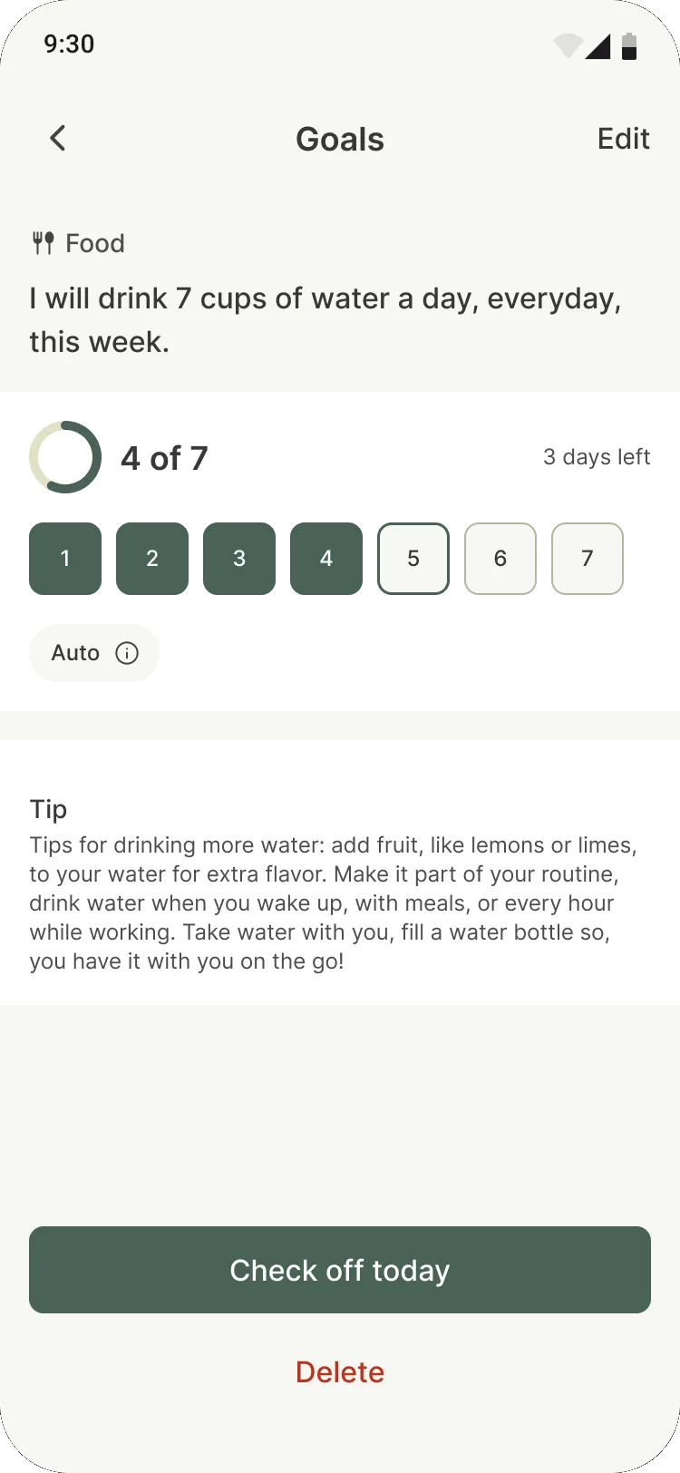 Auto-tracked water goal at 4 of 7 with a Check off today button