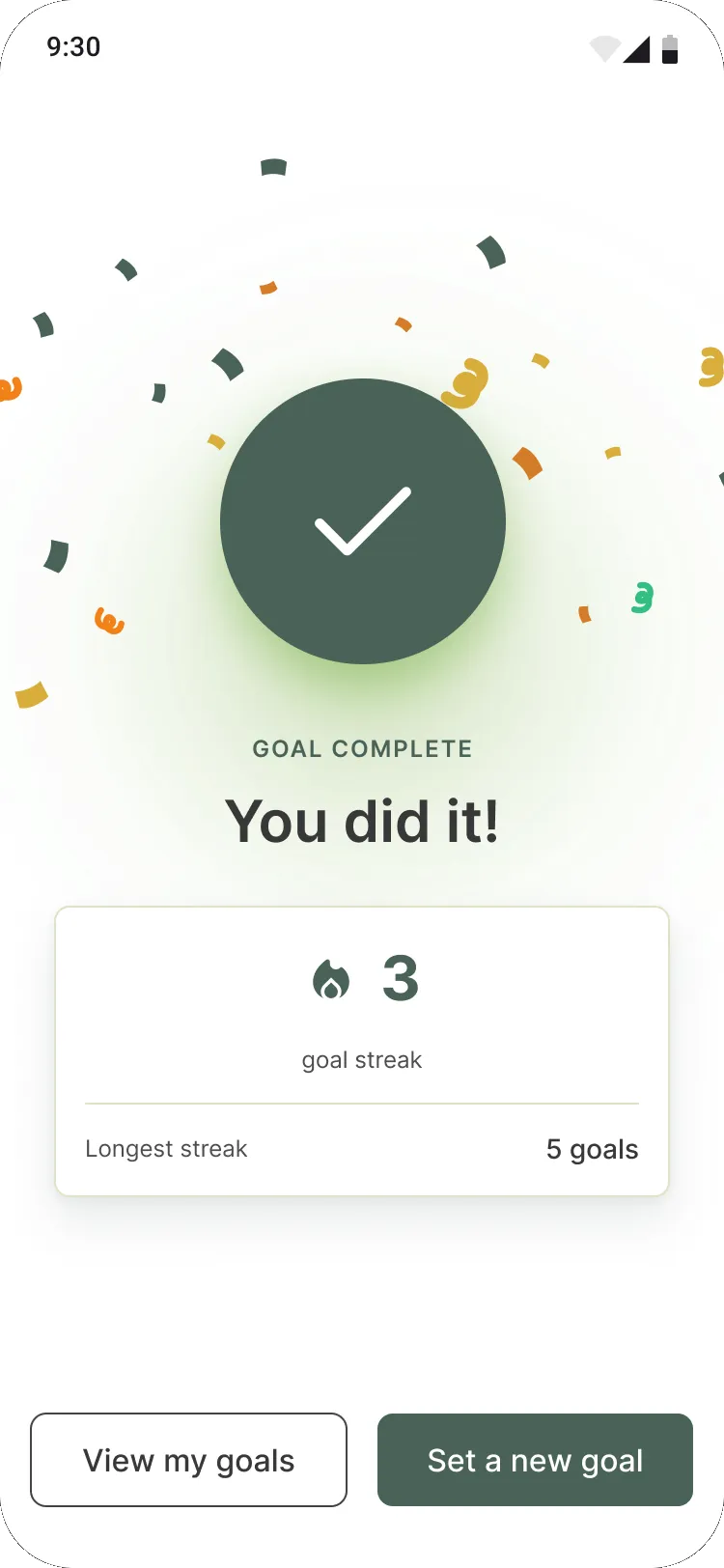 Goal complete celebration with confetti and a 3 goal streak