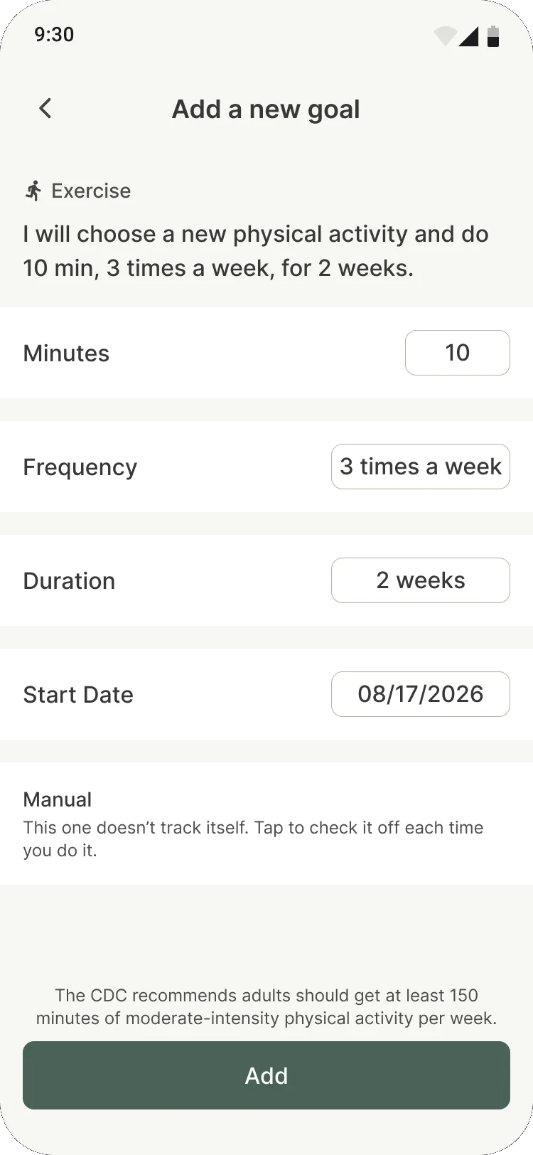 Add a new goal screen with minutes, frequency, duration and start date
