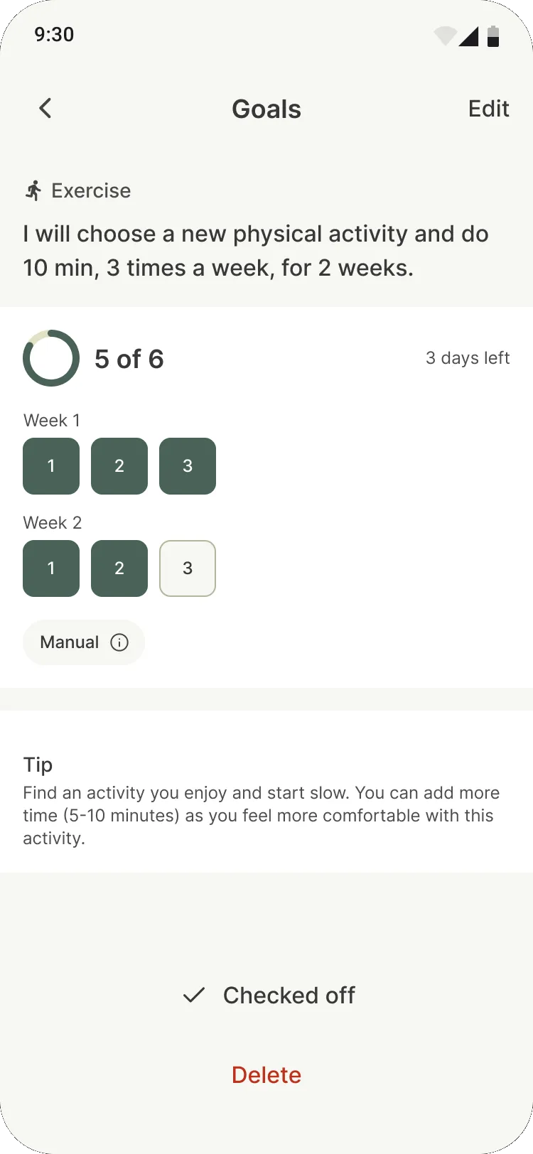 Goal detail at 5 of 6, with completions grouped into week 1 and week 2