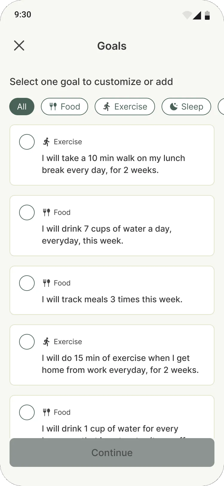 Goals list with category filters and goals written as sentences