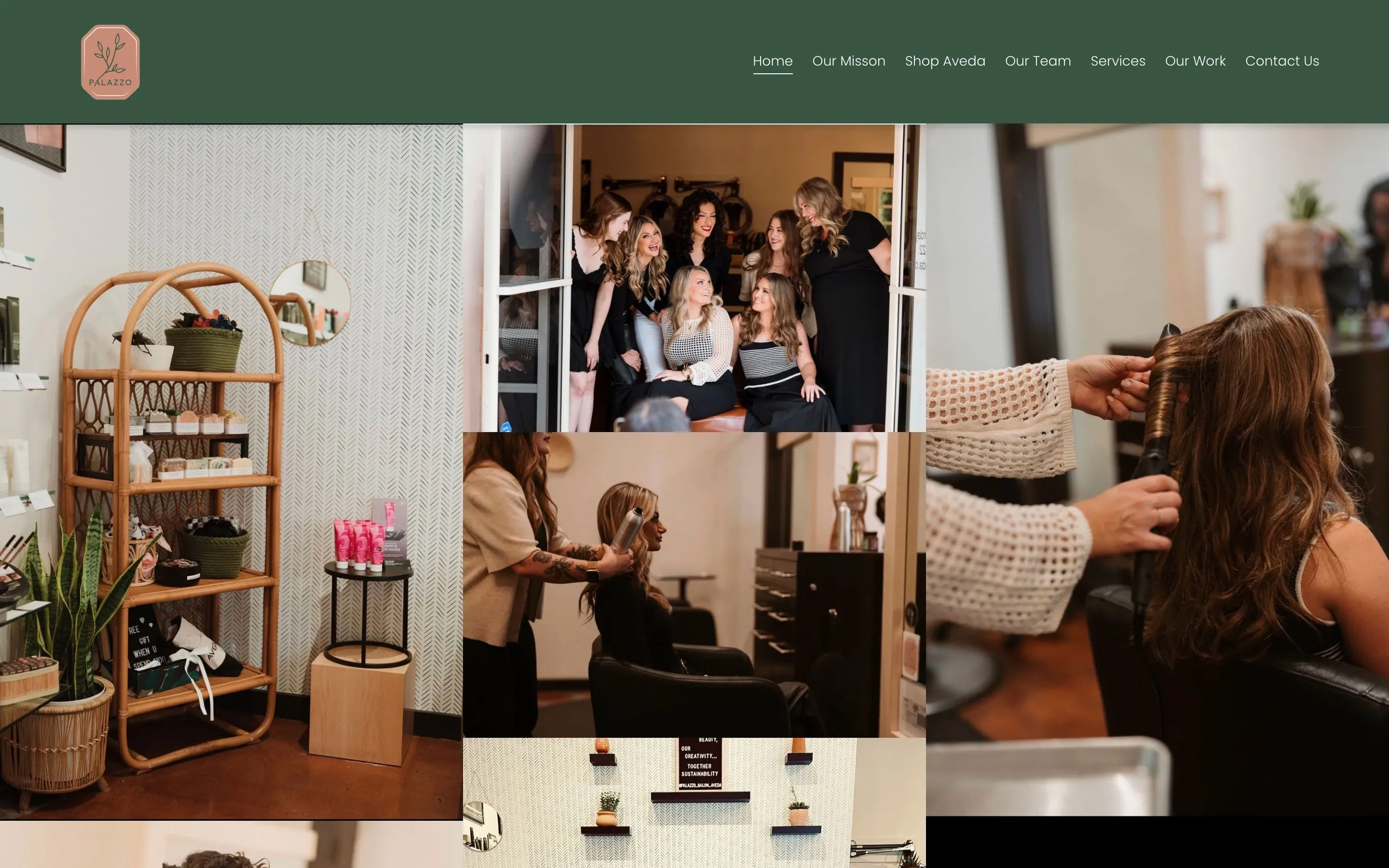 Palazzo Salon homepage: green header with the rose logo over a photo grid of the salon and stylists