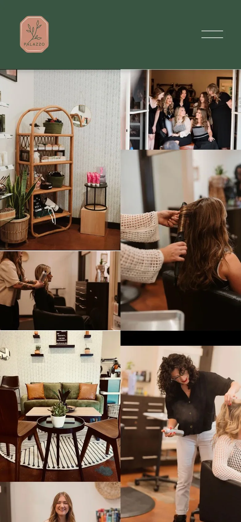 Palazzo Salon homepage on a phone with a compact header and stacked photos