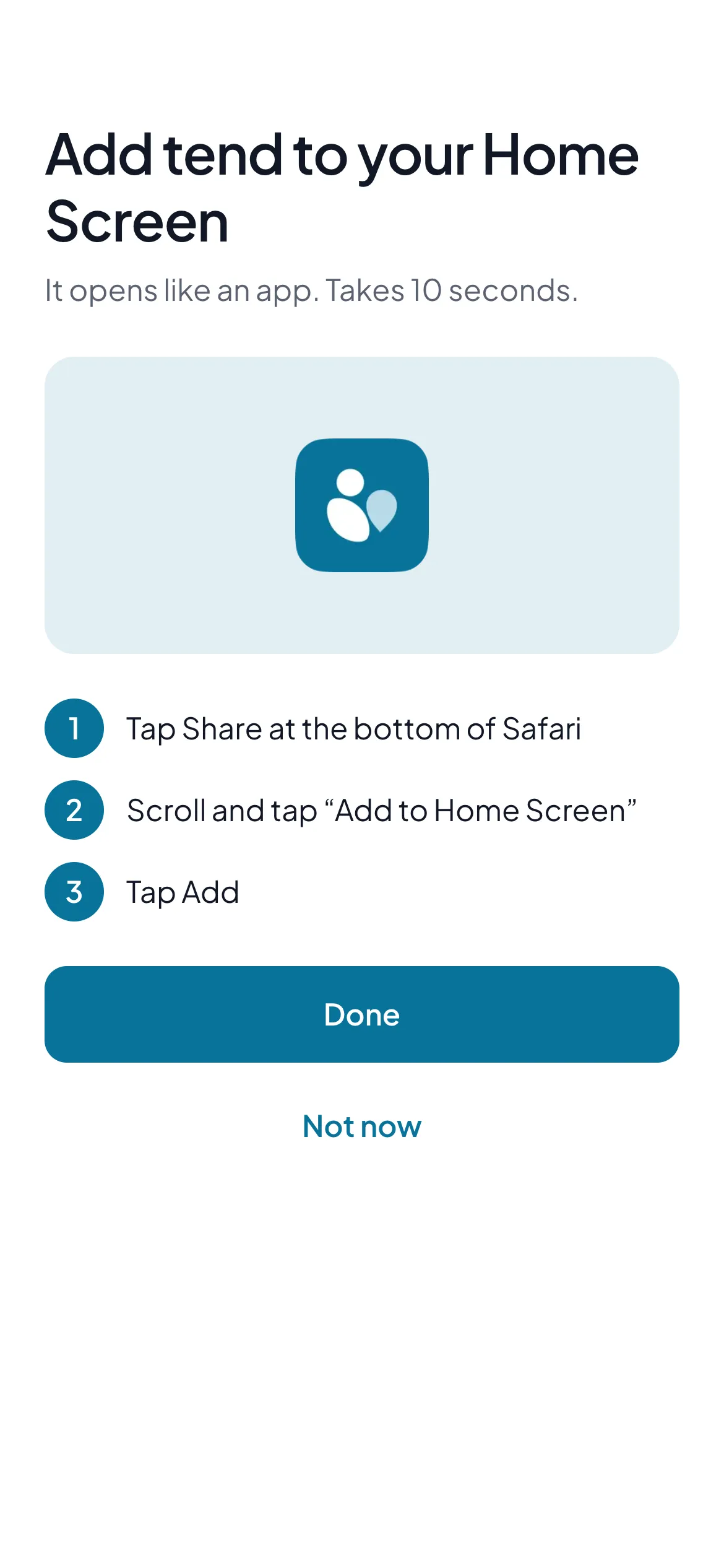 Add tend to your Home Screen: three numbered steps for Safari on iPhone