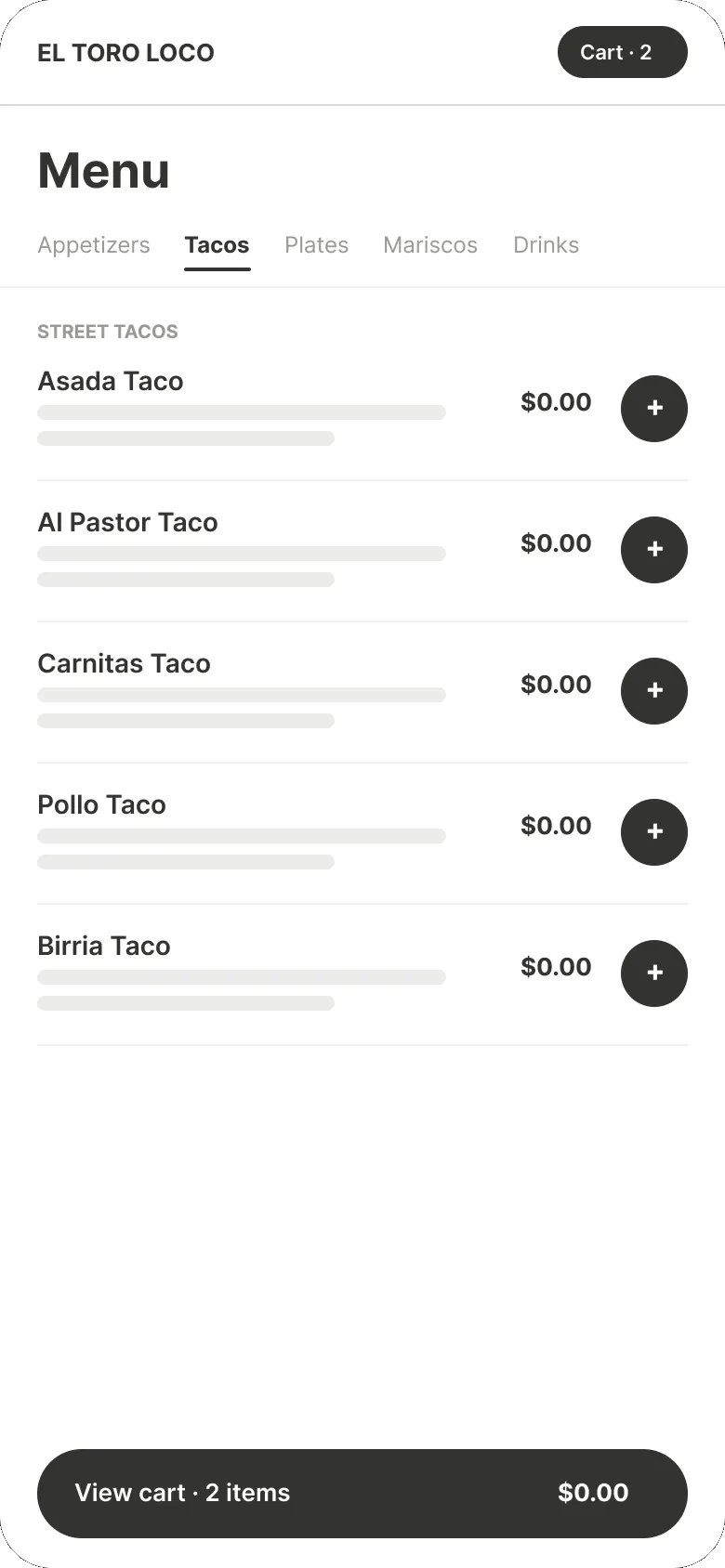 Low-fi menu: category tabs, list of tacos with add buttons, sticky cart bar