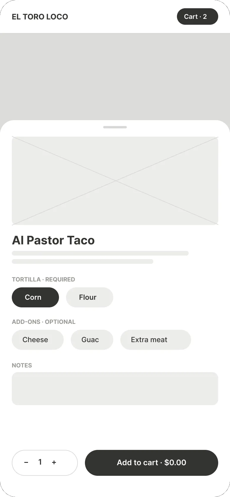 Low-fi item sheet: photo, required tortilla choice, optional add-ons, quantity and add to cart