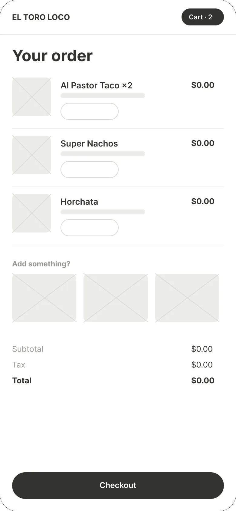Low-fi cart: items with quantity steppers, an upsell row and totals