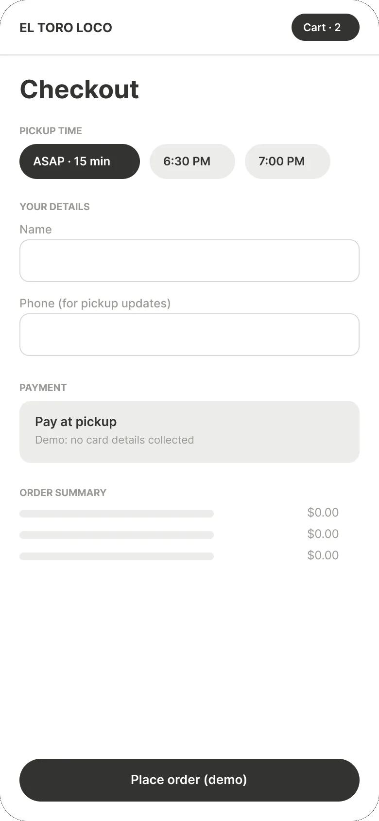 Low-fi checkout: pickup time chips, name and phone, pay at pickup