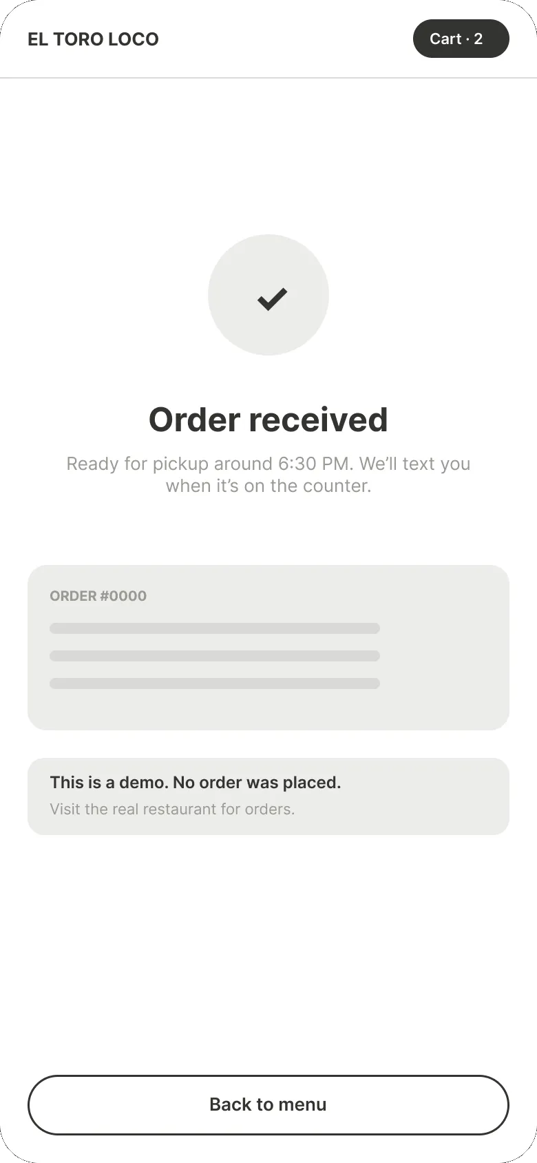 Low-fi confirmation: order received with pickup time and a demo note