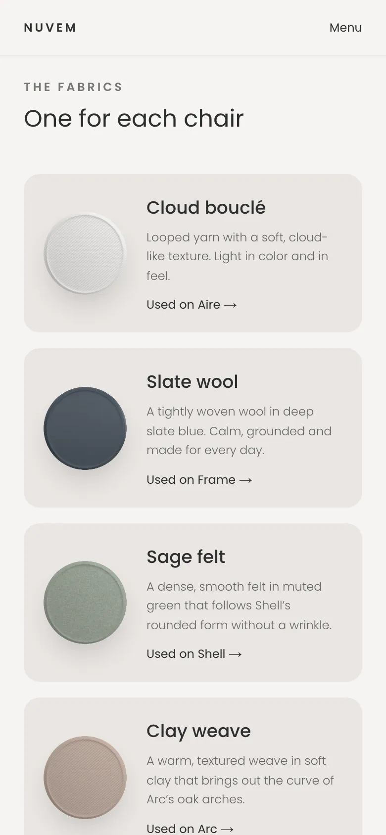 Materials page on a phone with fabric cards