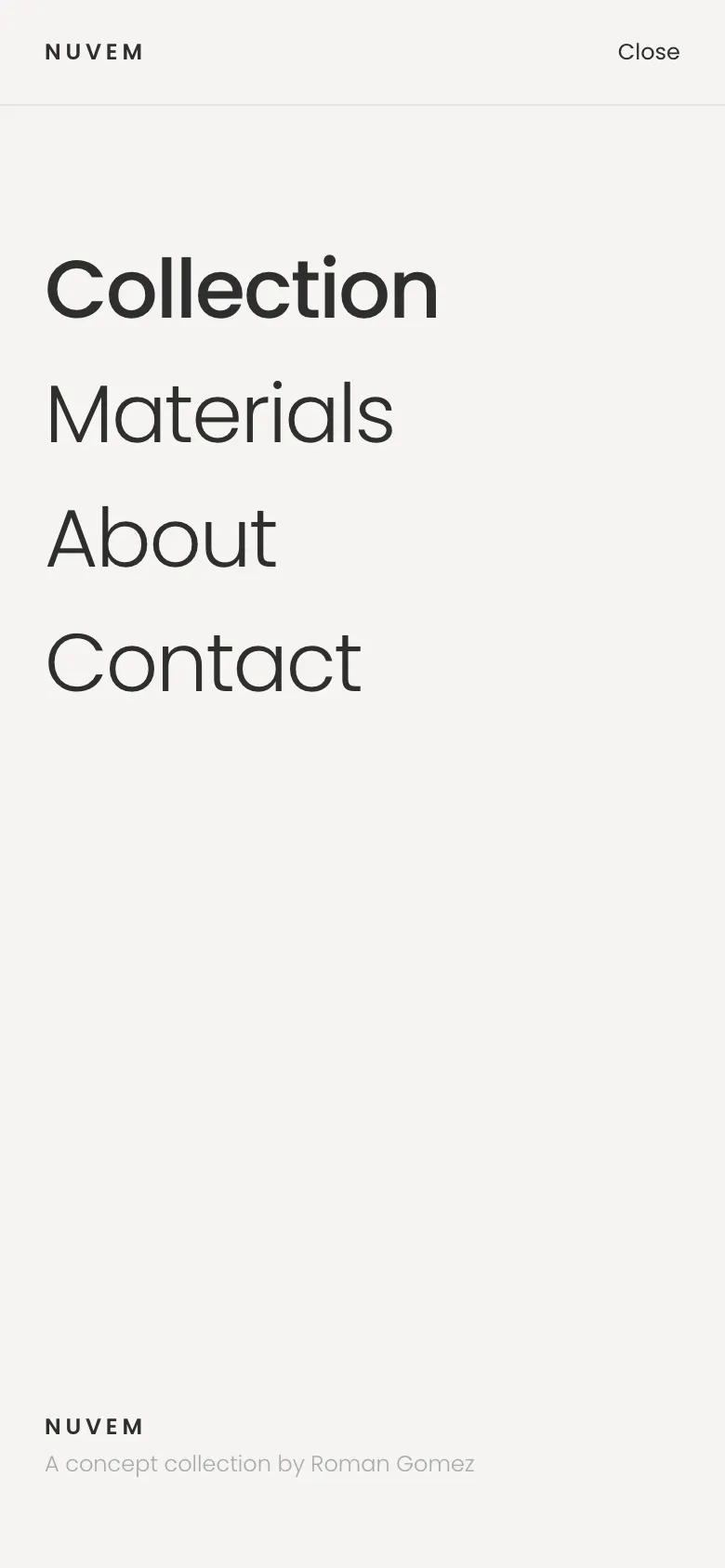 Full-screen phone menu: Collection, Materials, About, Contact