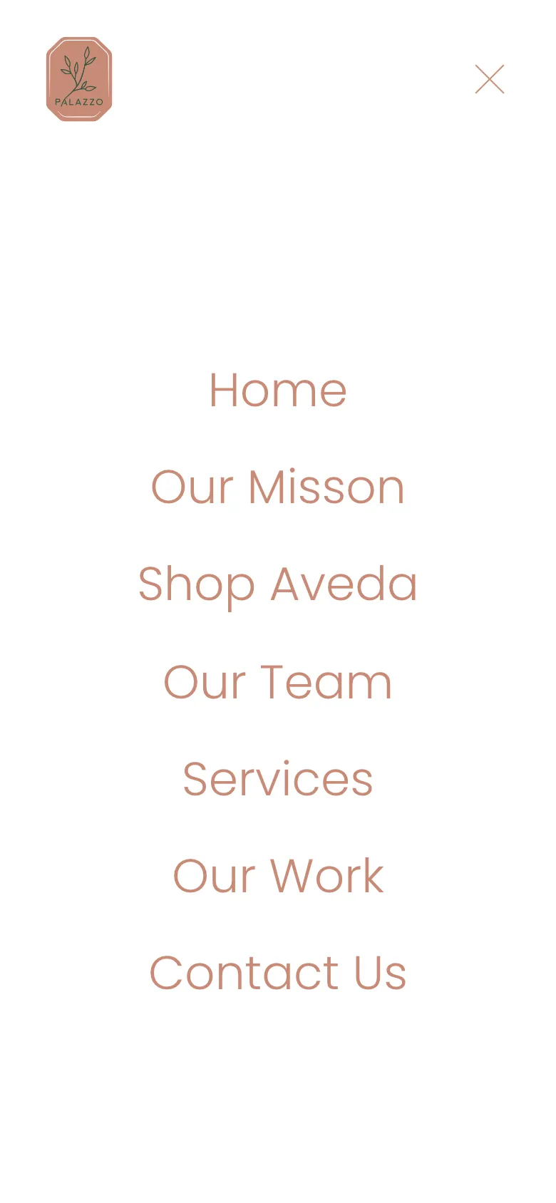 Phone menu open: Home, Our Mission, Shop Aveda, Our Team, Services, Our Work, Contact Us in rose type