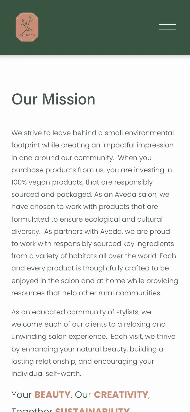 Mission page on a phone ending with “Your beauty, our creativity, together sustainability”