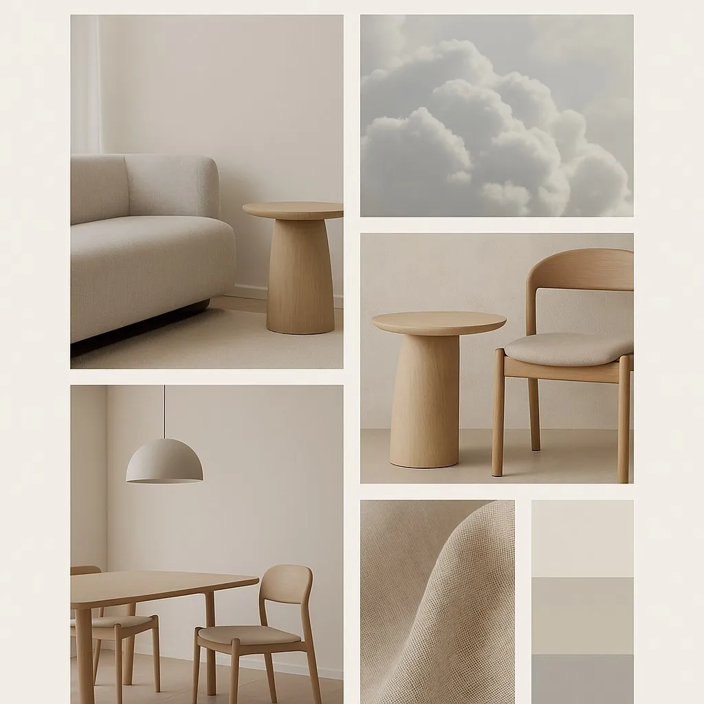 Moodboard: pale oak furniture, soft fabrics, rounded forms and diffused light