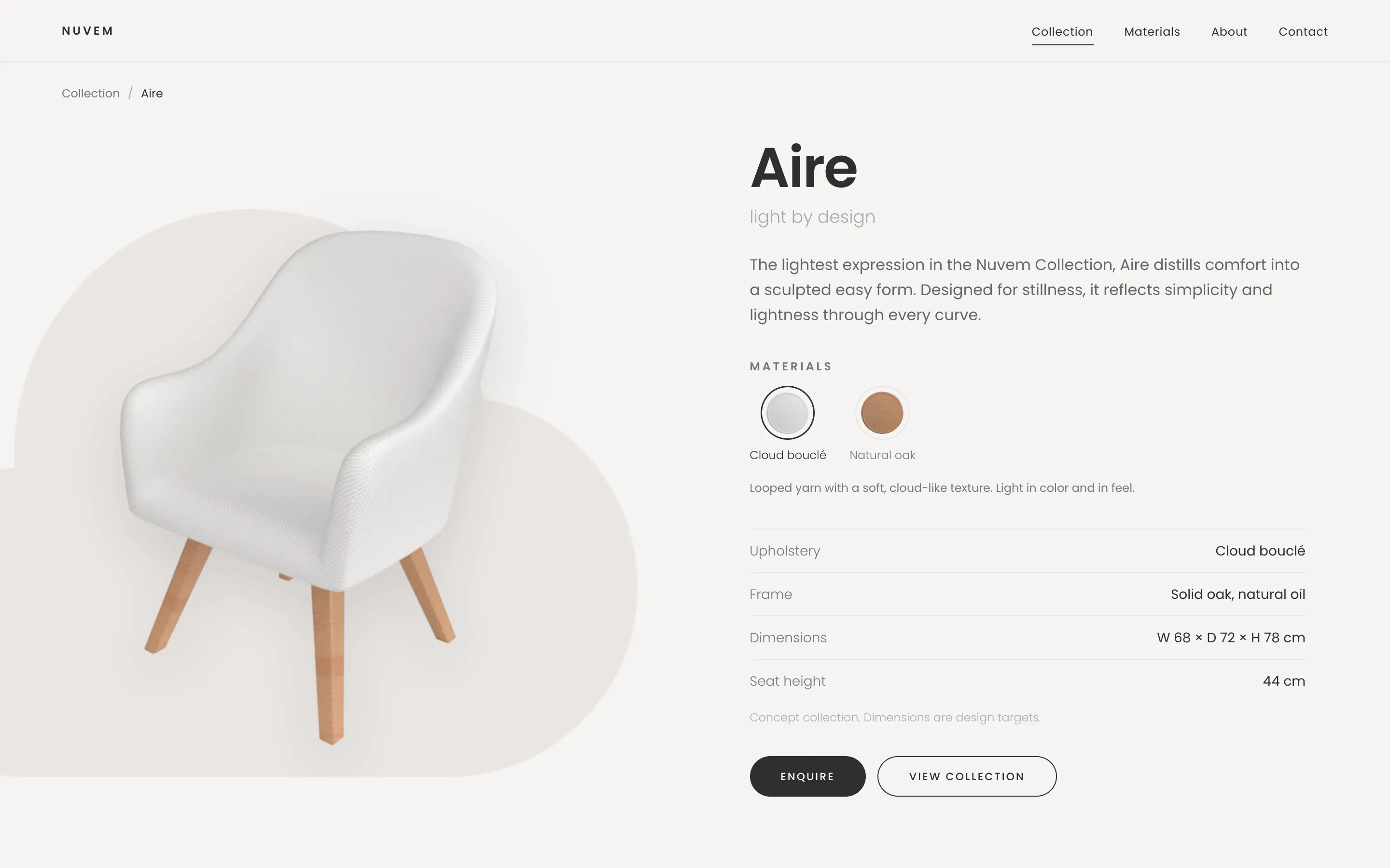 Aire product page: the chair on its cloud beside materials, specs and an Enquire button
