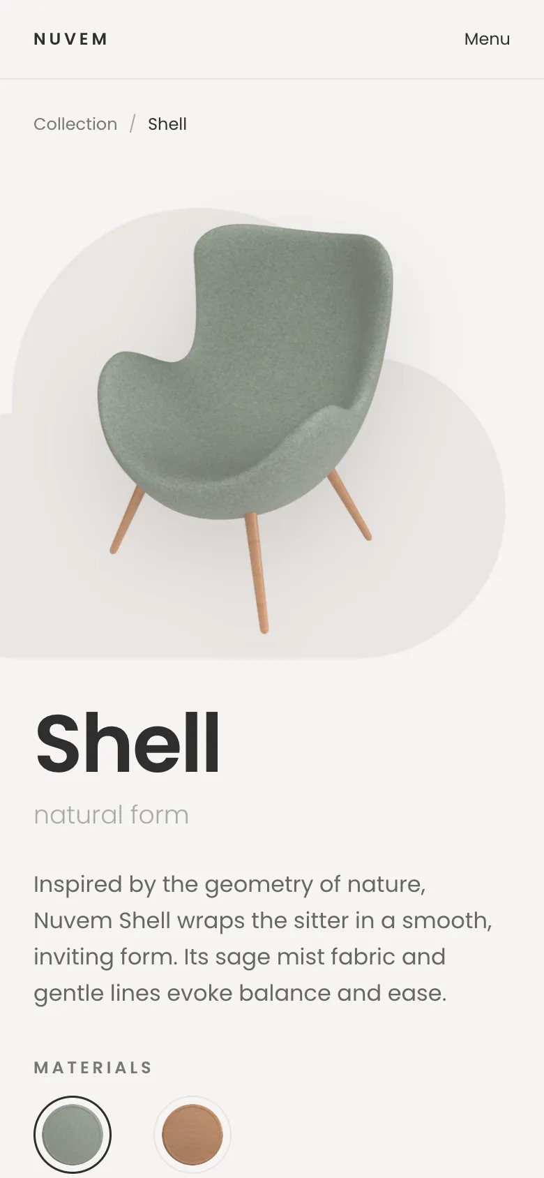 Shell product page on a phone with material swatches