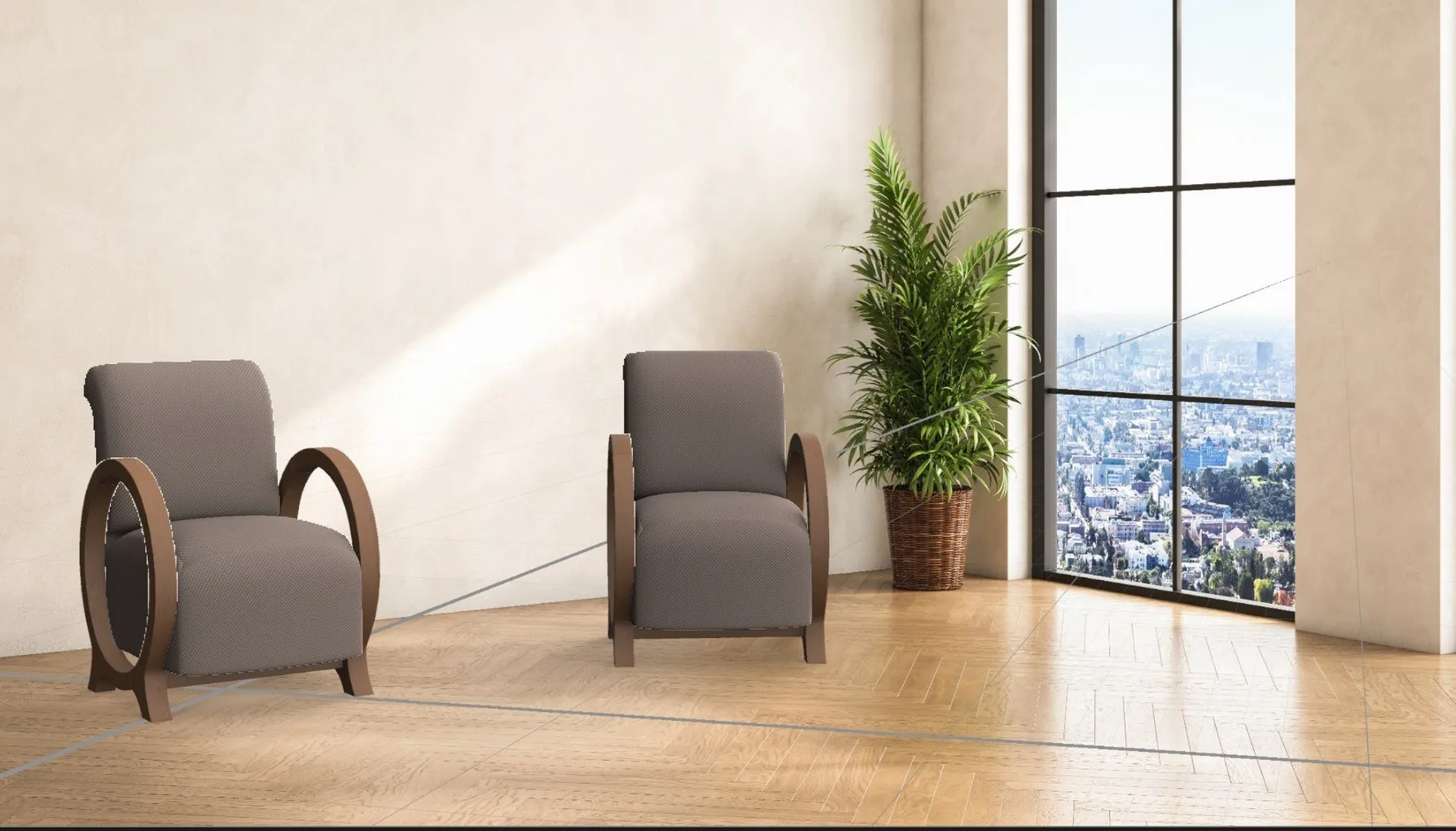 Early render of two Arc chairs with dark fabric in a sunlit room