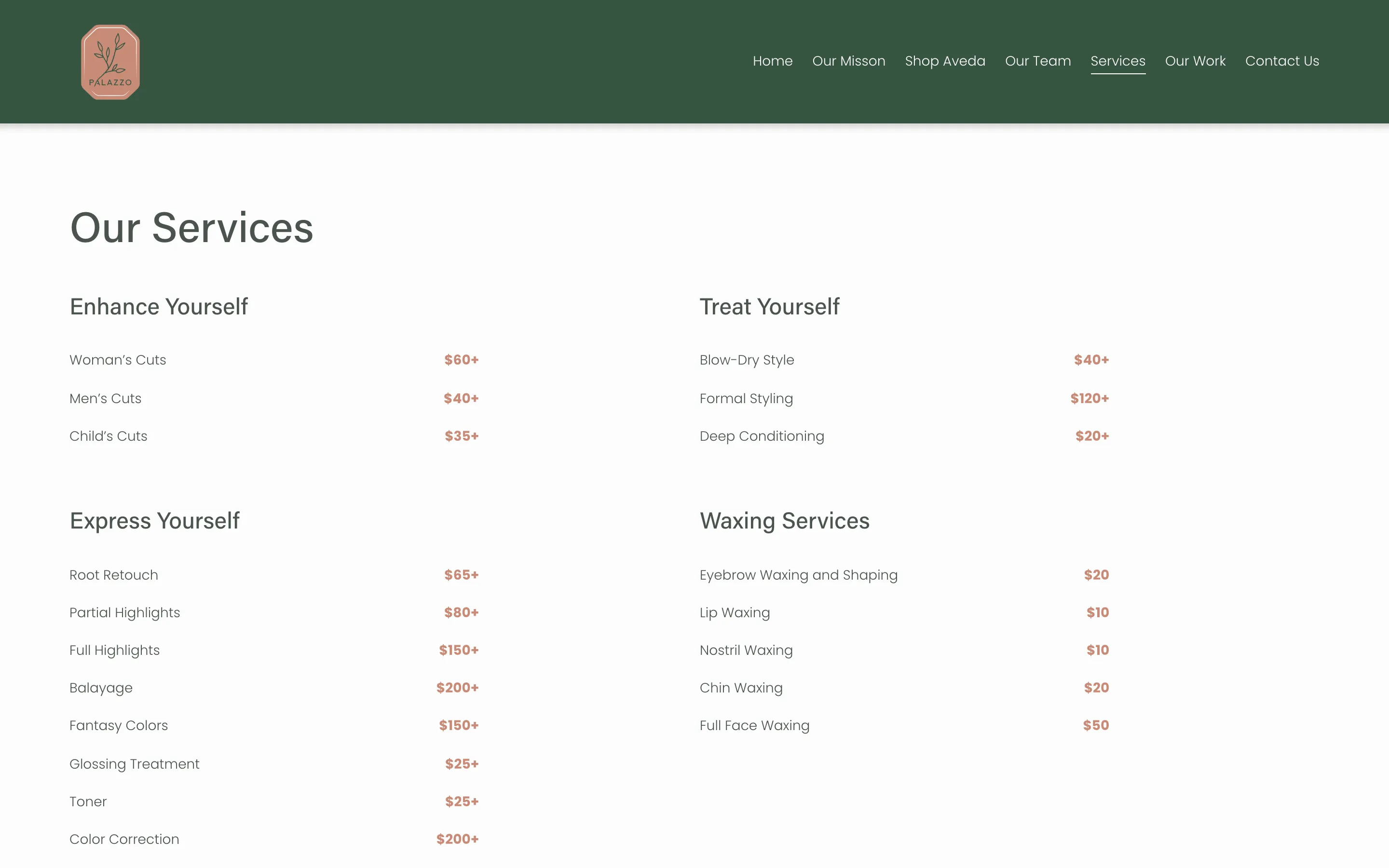 Services page with grouped services and prices in rose