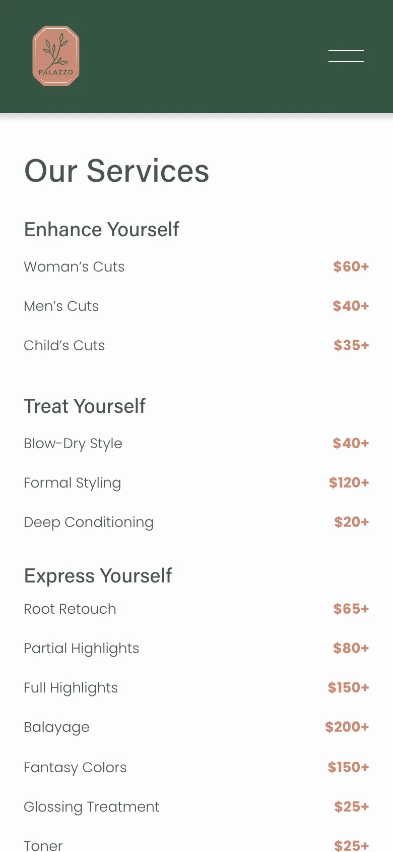 Services page on a phone, each service on one line with its price