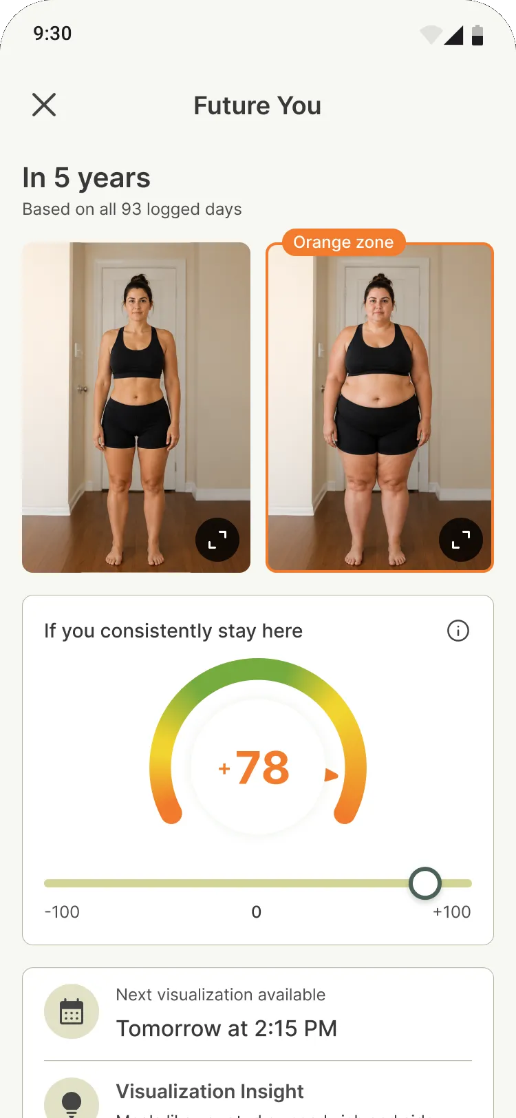 Slider dragged to plus 78, gauge and photo shift into the orange zone