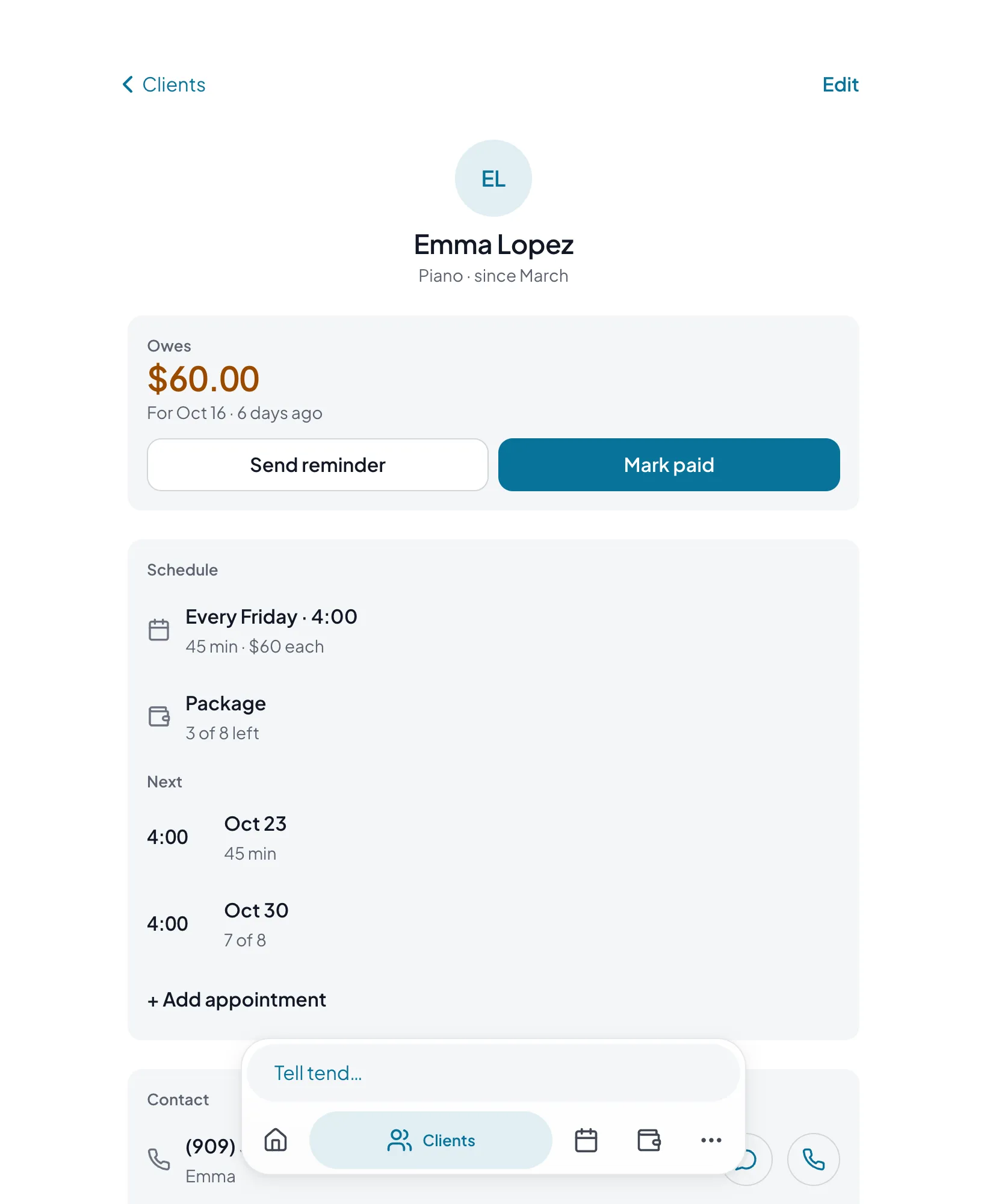 Tablet: the client page centered, with the floating chat and tab bar