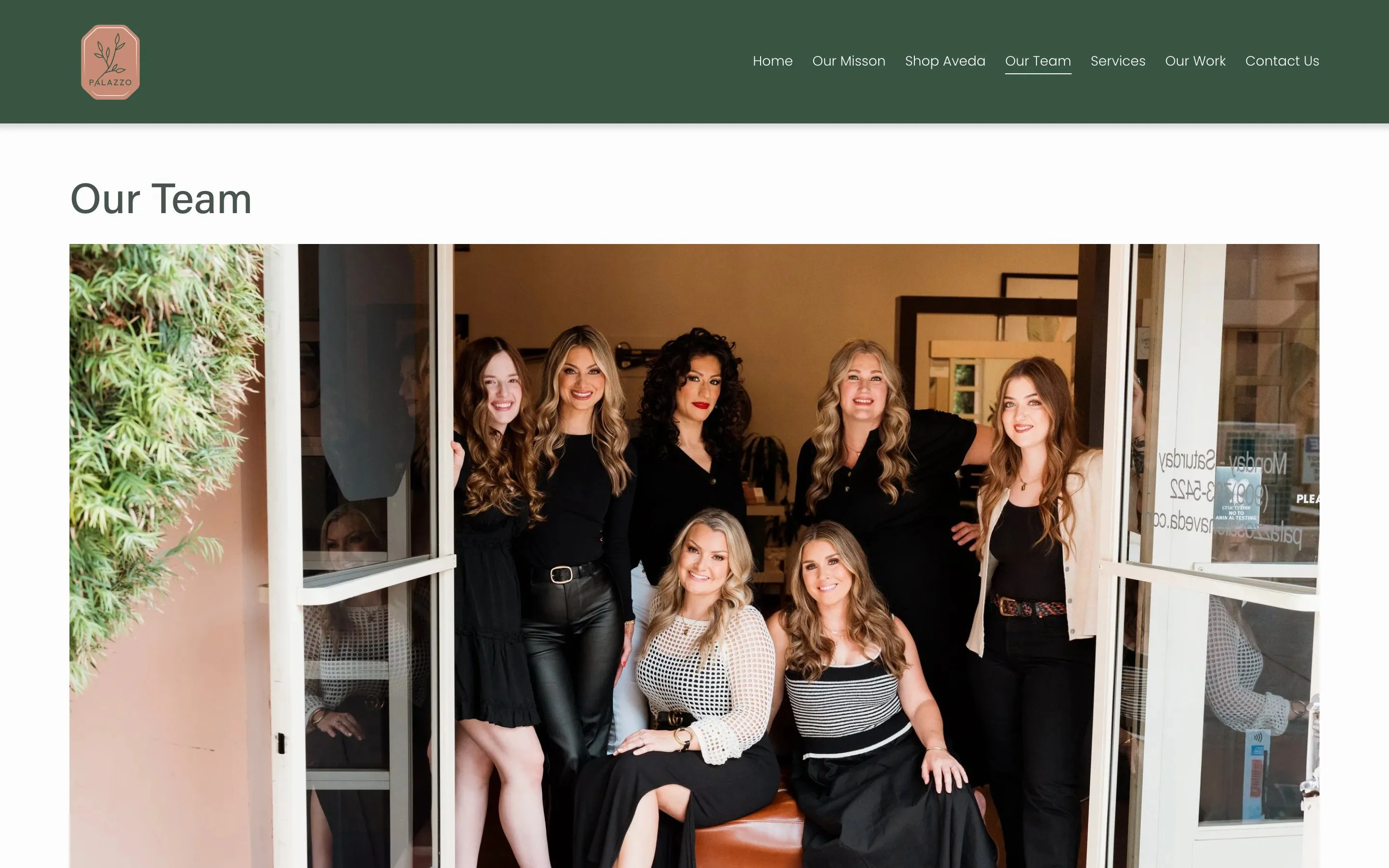 Our Team page with a group photo of the stylists in the salon doorway