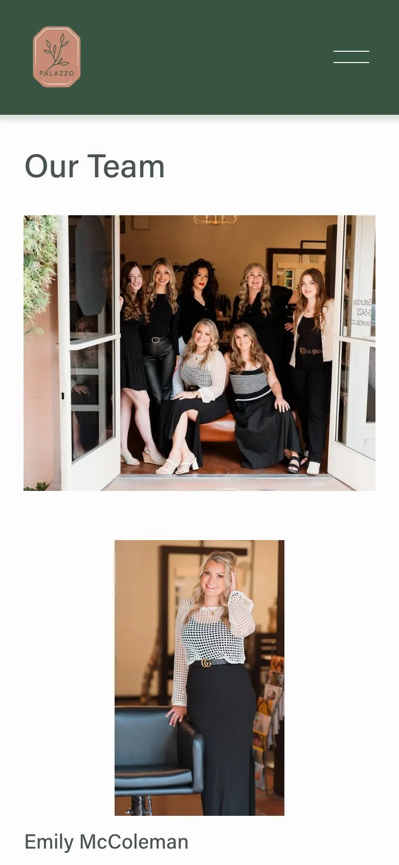 Team page on a phone with the group photo and the first stylist bio