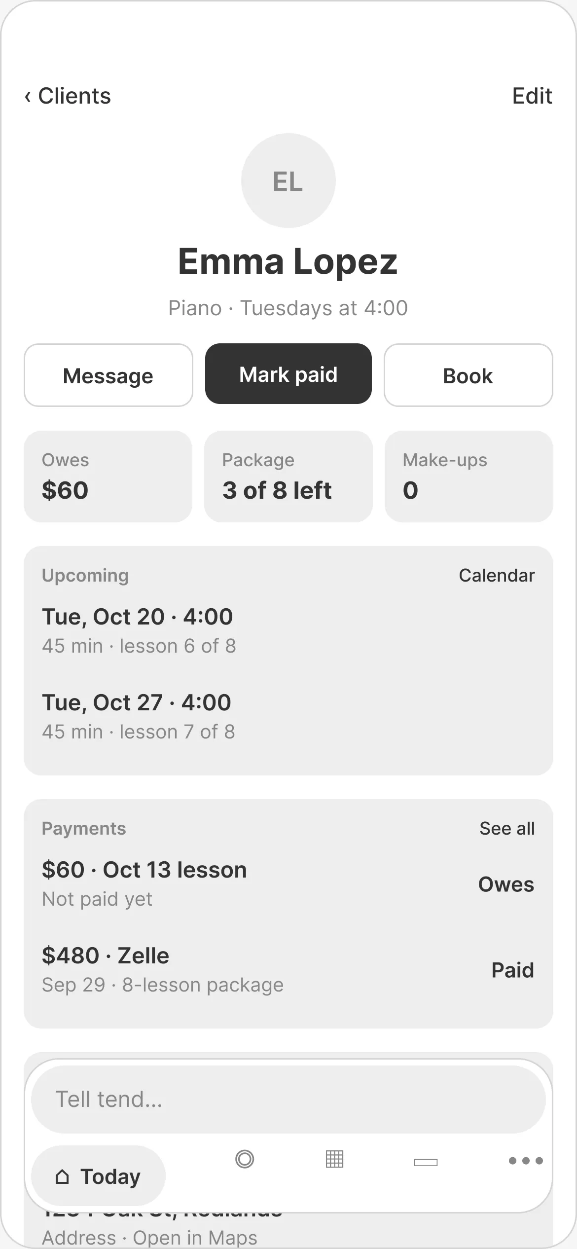 Wireframe of the client page with three equal buttons: Message, Mark paid, Book