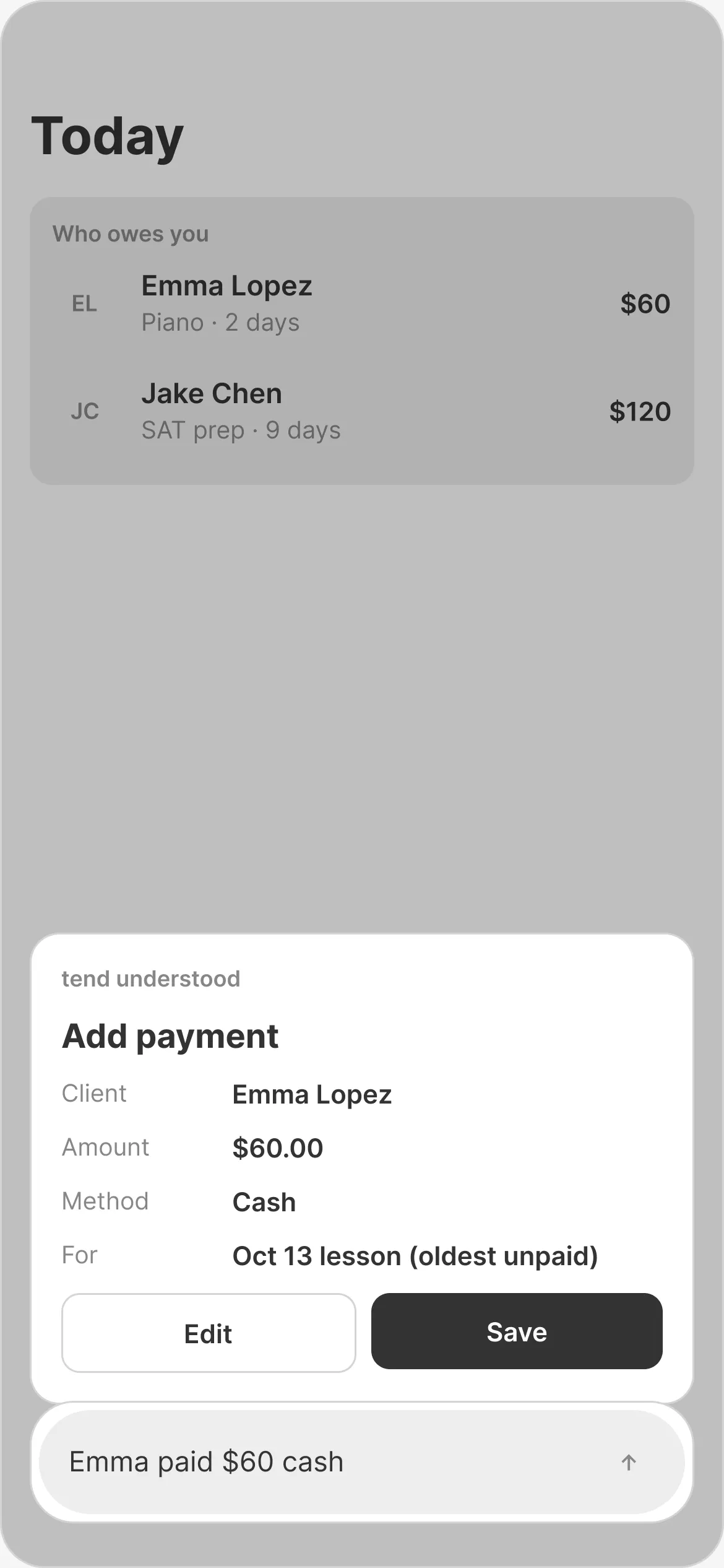 Wireframe: the confirmation card with Edit and Save