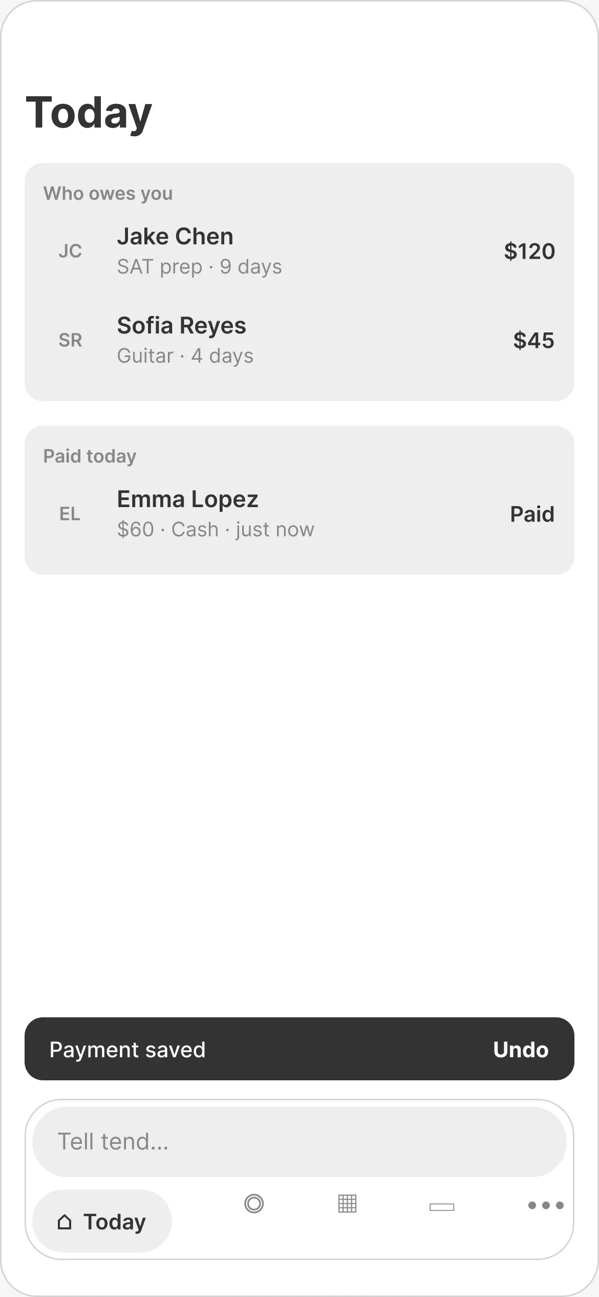 Wireframe: payment saved, with an Undo toast